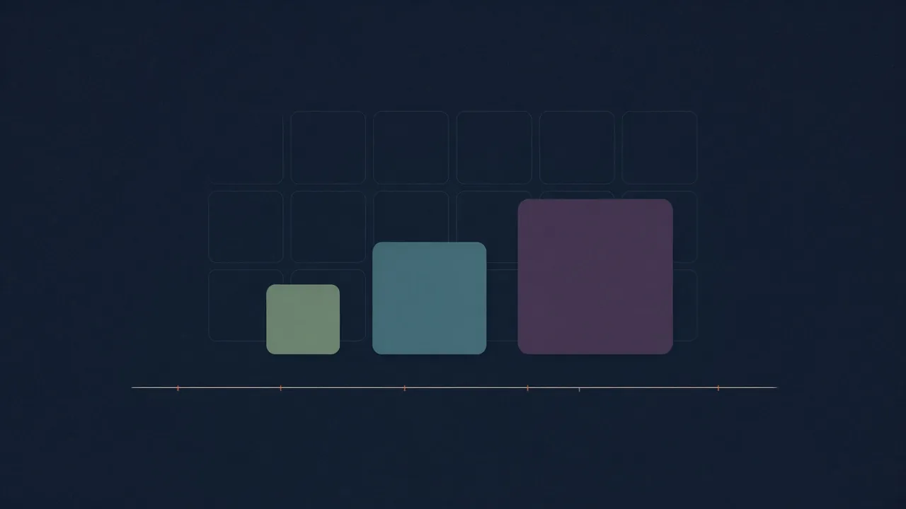 Abstract art: three rounded squares in sage, teal and plum, growing from small to large along a thin line, like three price bands.
