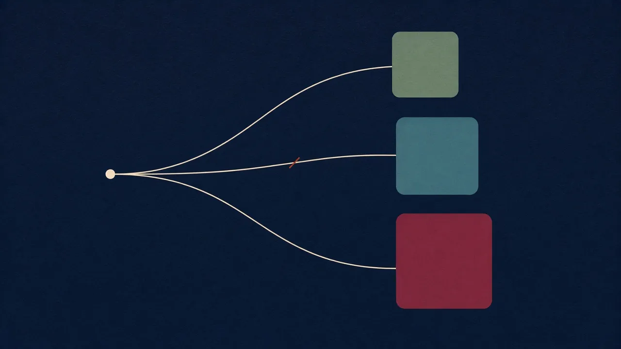 Abstract art: one thin line splits into three paths that end at a small sage square, a medium teal square and a large wine-red square.