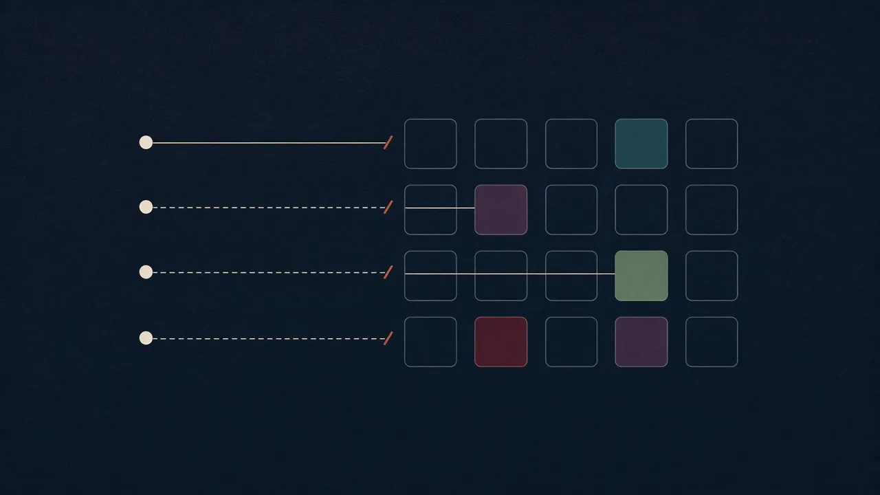 Abstract art: four dots on the left with lines running to a grid of tiles, some lines solid and some dashed where the link to a page is missing.