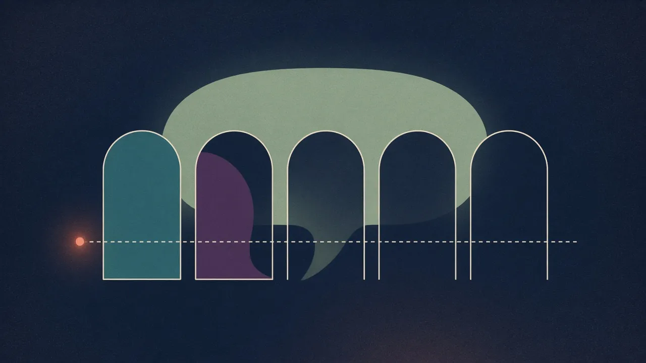 Abstract art: five arched doorways in a row with a dotted path running through them. The first doorway is blocked and the second is half closed.